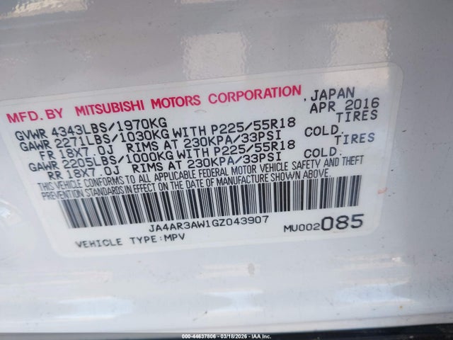 Aukcja sprzedaży 2016 Mitsubishi Outlander Sport 2.4 Es, vin: JA4AR3AW1GZ043907, numer aukcji: 44637806