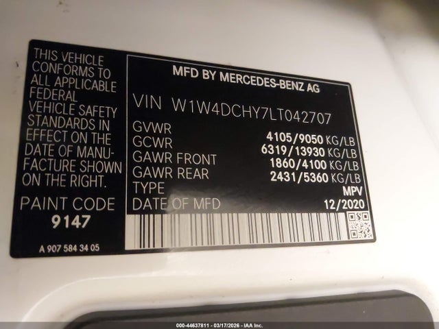 2020 Mercedes-benz Sprinter 2500 High Roof I4 Diesel მანქანა იყიდება აუქციონზე, vin: W1W4DCHY7LT042707, აუქციონის ნომერი: 44637811