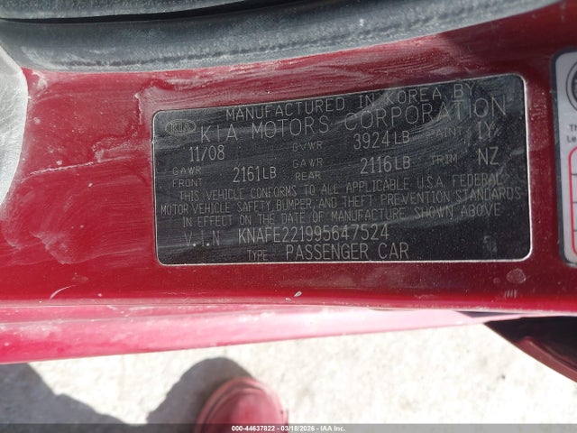 Продажа на аукционе авто 2009 Kia Spectra Ex, vin: KNAFE221995647524, номер лота: 44637822