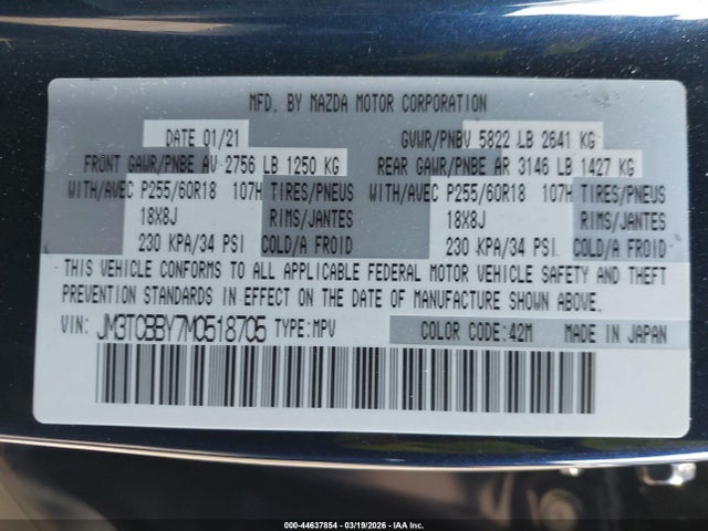 Продажа на аукционе авто 2021 Mazda Cx-9 Sport, vin: JM3TCBBY7M0518705, номер лота: 44637854