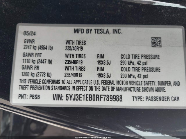 Продаж на аукціоні авто 2024 Tesla Model 3 Long Range Dual Motor All-wheel Drive, vin: 5YJ3E1EB0RF789988, номер лоту: 44637892