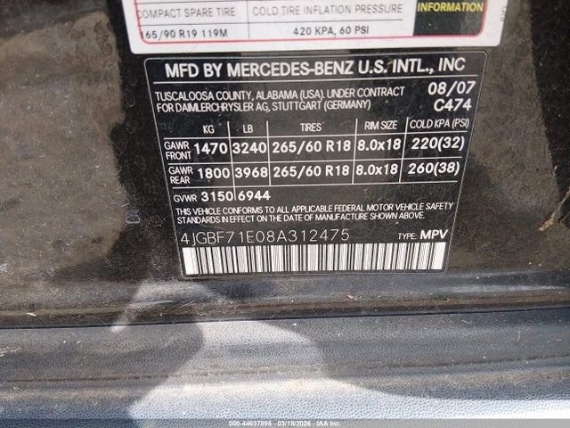 44637895 :رقم المزاد ، 4JGBF71E08A312475 vin ، 2008 Mercedes-benz Gl 450 4matic مزاد بيع