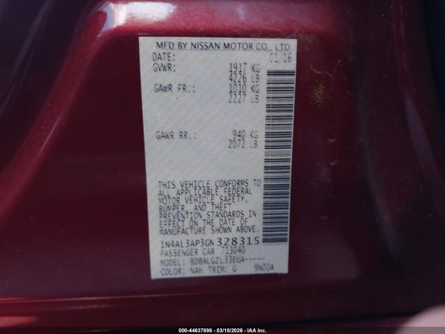 Aukcja sprzedaży 2016 Nissan Altima 2.5/2.5 S/2.5 Sl/2.5 Sr/2.5 Sv, vin: 1N4AL3AP3GN328315, numer aukcji: 44637898