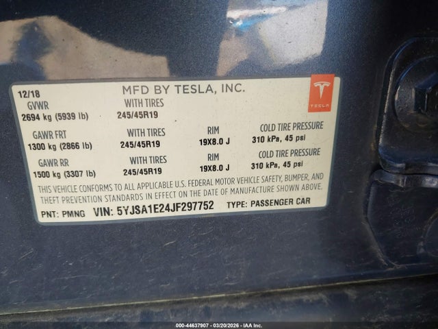 Продажа на аукционе авто 2018 Tesla Model S 100d/75d/p100d, vin: 5YJSA1E24JF297752, номер лота: 44637907