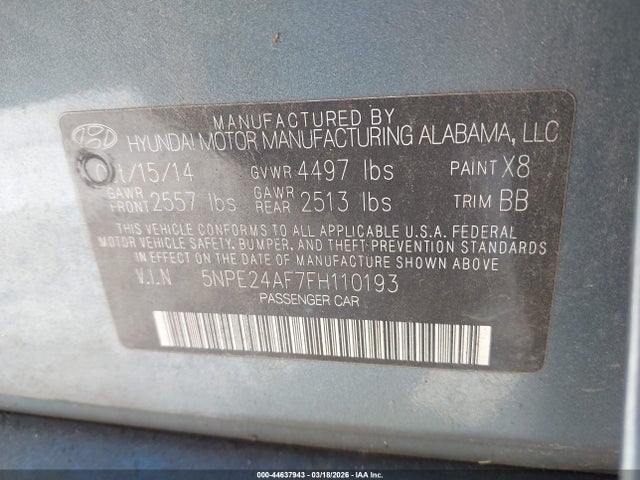 5NPE24AF7FH110193 Hyundai SONATA SE