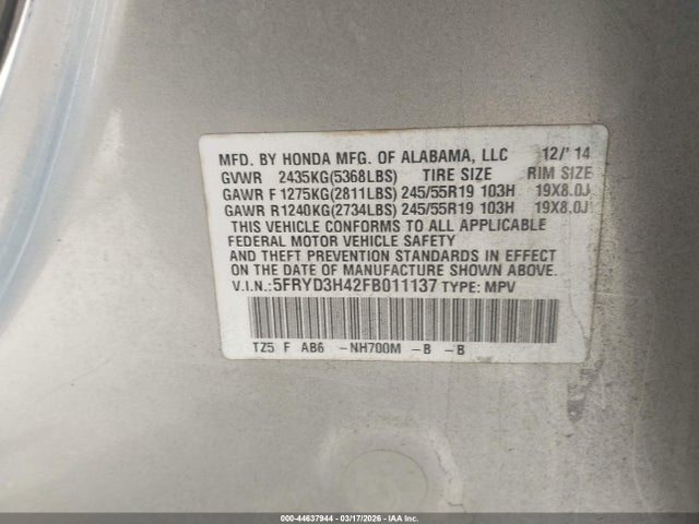 Продажа на аукционе авто 2015 Acura Mdx Technology Package, vin: 5FRYD3H42FB011137, номер лота: 44637944