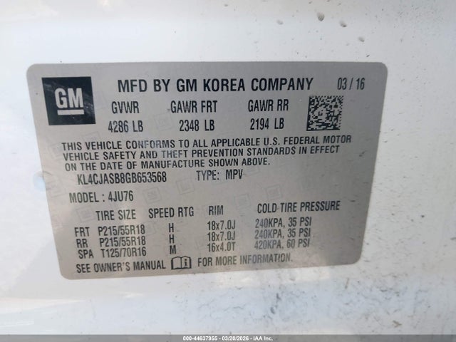 44637955 :رقم المزاد ، KL4CJASB8GB653568 vin ، 2016 Buick Encore مزاد بيع