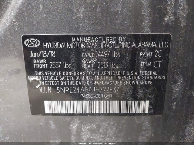 Aukcja sprzedaży 2018 Hyundai Sonata Se, vin: 5NPE24AF4JH722537, numer aukcji: 44637962