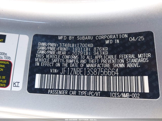 44638006 :رقم المزاد ، JF1ZNBE13S8756664 vin ، 2025 Toyota Gr86 Premium مزاد بيع