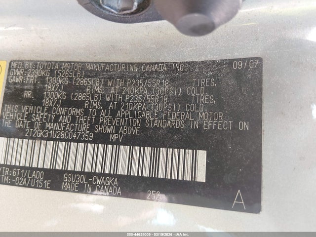 Aukcja sprzedaży 2008 Lexus Rx 350, vin: 2T2GK31U28C047359, numer aukcji: 44638009