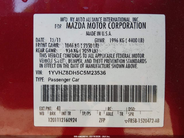 Продажа на аукционе авто 2012 Mazda Mazda6 I Touring, vin: 1YVHZ8DH5C5M23536, номер лота: 44638014