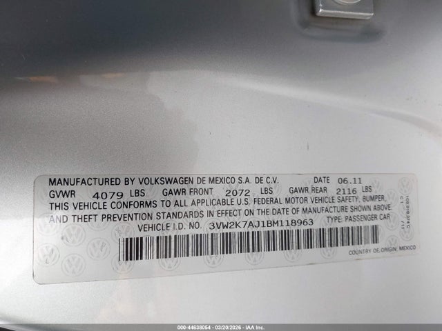 Aukcja sprzedaży 2011 Volkswagen Jetta 2.0l S, vin: 3VW2K7AJ1BM118963, numer aukcji: 44638054