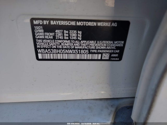 Продаж на аукціоні авто 2022 Bmw 530 I, vin: WBA53BH05NWX51805, номер лоту: 44638058
