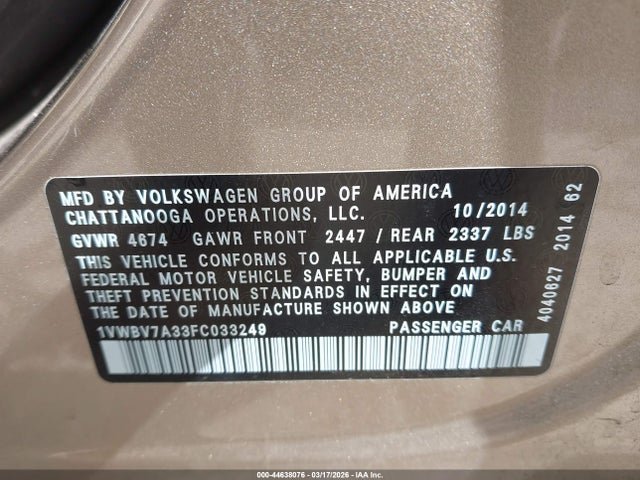 Продаж на аукціоні авто 2015 Volkswagen Passat 2.0l Tdi Se, vin: 1VWBV7A33FC033249, номер лоту: 44638076