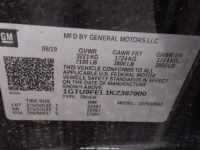 Продажа на аукционе авто 2019 Gmc Sierra 1500 Denali, vin: 1GTU9FEL1KZ387900, номер лота: 44638081