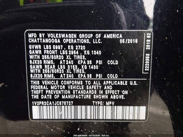 Продаж на аукціоні авто 2018 Volkswagen Atlas 3.6l V6 Se W/technology, vin: 1V2PR2CA1JC575727, номер лоту: 44638099