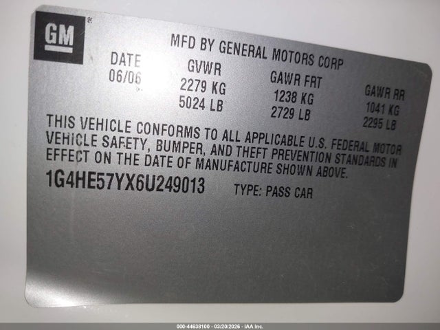 Aukcja sprzedaży 2006 Buick Lucerne Cxs, vin: 1G4HE57YX6U249013, numer aukcji: 44638100