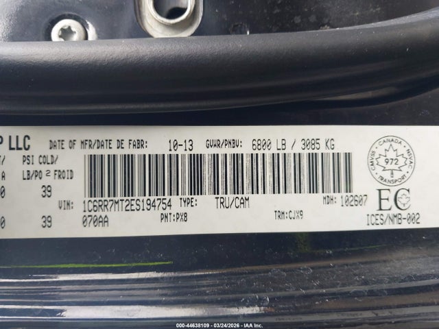 2014 Ram 1500 Sport მანქანა იყიდება აუქციონზე, vin: 1C6RR7MT2ES194754, აუქციონის ნომერი: 44638109
