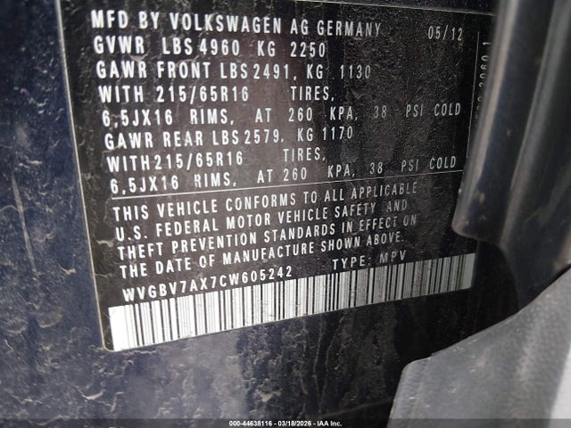 Продажа на аукционе авто 2012 Volkswagen Tiguan S, vin: WVGBV7AX7CW605242, номер лота: 44638116