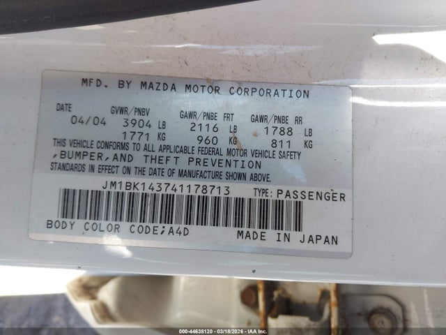 Aukcja sprzedaży 2004 Mazda Mazda3 S, vin: JM1BK143741178713, numer aukcji: 44638120