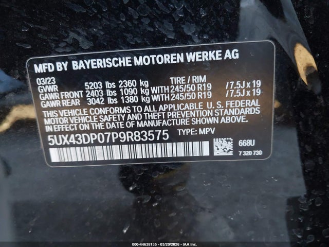 Продажа на аукционе авто 2023 Bmw X3 Sdrive30i, vin: 5UX43DP07P9R83575, номер лота: 44638135