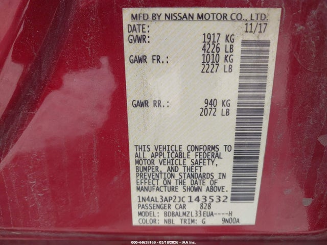 1N4AL3AP2JC143532 Nissan Altima 2.5 Sv