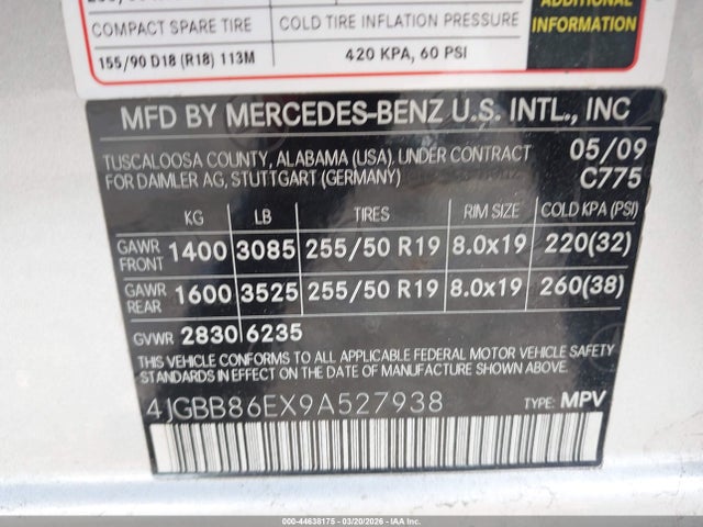 Продаж на аукціоні авто 2009 Mercedes-benz Ml 350 4matic, vin: 4JGBB86EX9A527938, номер лоту: 44638175