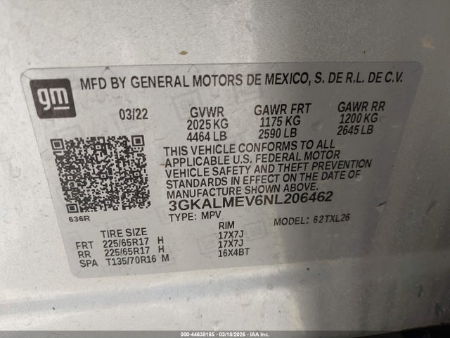 44638185 :رقم المزاد ، 3GKALMEV6NL206462 vin ، 2022 Gmc Terrain Fwd Sle مزاد بيع