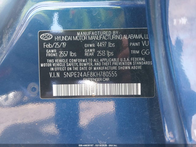 44638187 :رقم المزاد ، 5NPE24AF8KH780555 vin ، 2019 Hyundai Sonata Se مزاد بيع
