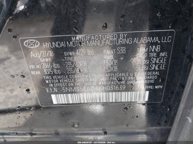 2019 Hyundai Santa Fe Limited მანქანა იყიდება აუქციონზე, vin: 5NMS53AD6KH031639, აუქციონის ნომერი: 44638197