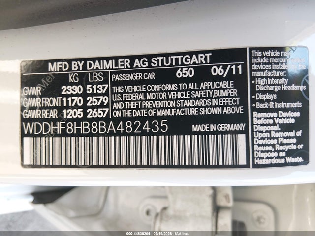 2011 Mercedes-benz E 350 4matic მანქანა იყიდება აუქციონზე, vin: WDDHF8HB8BA482435, აუქციონის ნომერი: 44638204