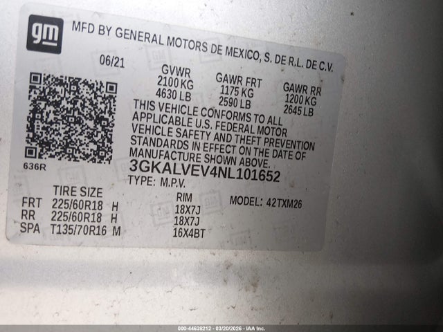 44638212 :رقم المزاد ، 3GKALVEV4NL101652 vin ، 2022 Gmc Terrain Awd Slt مزاد بيع