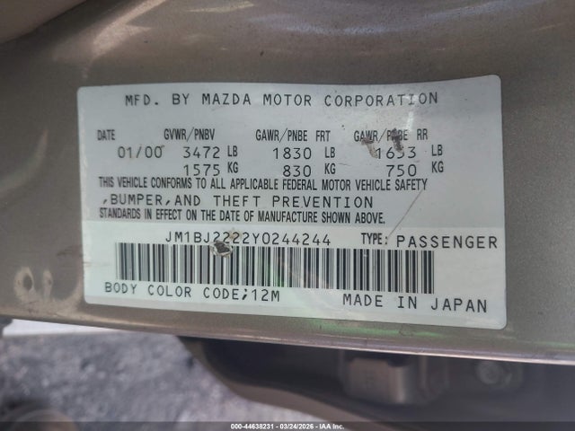 44638231 :رقم المزاد ، JM1BJ2222Y0244244 vin ، 2000 Mazda Protege Dx/lx مزاد بيع