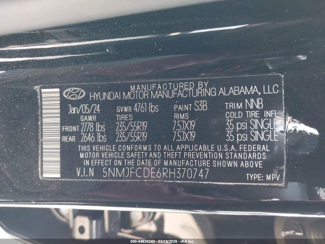 Aukcja sprzedaży 2024 Hyundai Tucson Sel, vin: 5NMJFCDE6RH370747, numer aukcji: 44638242