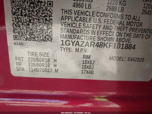 44638243 :رقم المزاد ، 1GYAZAR48KF101884 vin ، 2019 Cadillac Xt4 Luxury مزاد بيع