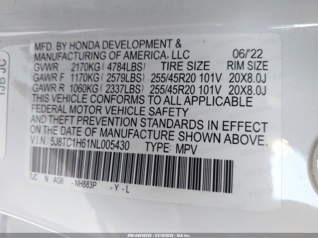 Aukcja sprzedaży 2022 Acura Rdx A-spec Package, vin: 5J8TC1H61NL005430, numer aukcji: 44638259
