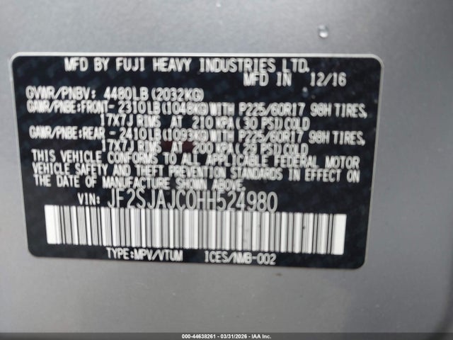 44638261 :رقم المزاد ، JF2SJAJC0HH524980 vin ، 2017 Subaru Forester 2.5i Limited مزاد بيع