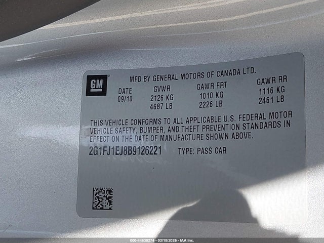 44638274 :رقم المزاد ، 2G1FJ1EJ8B9126221 vin ، 2011 Chevrolet Camaro 1ss مزاد بيع