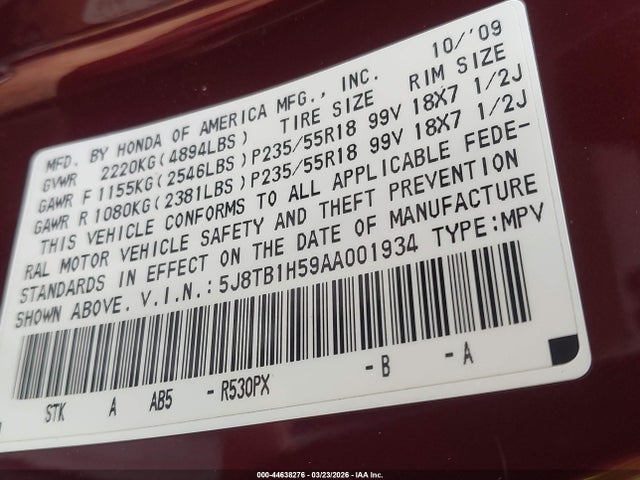 44638276 :رقم المزاد ، 5J8TB1H59AA001934 vin ، 2010 Acura Rdx مزاد بيع