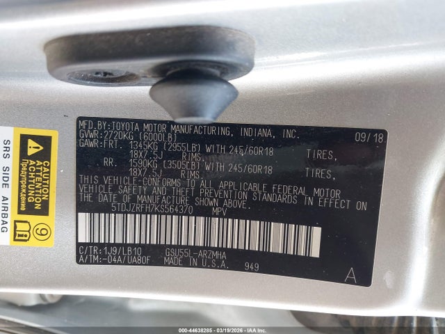 5TDJZRFH7KS564370 Toyota Highlander Xle