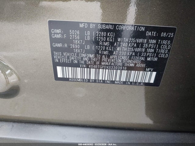2025 Subaru Outback Touring Xt მანქანა იყიდება აუქციონზე, vin: 4S4BTGPDXS3303916, აუქციონის ნომერი: 44638302
