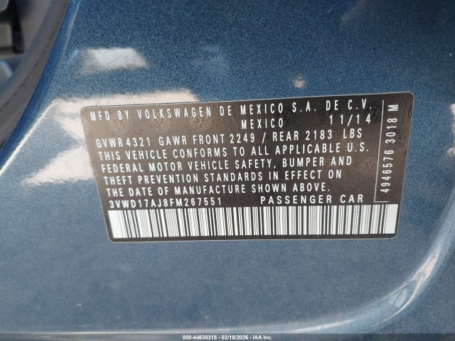 Aukcja sprzedaży 2015 Volkswagen Jetta 1.8t Se, vin: 3VWD17AJ8FM267551, numer aukcji: 44638318