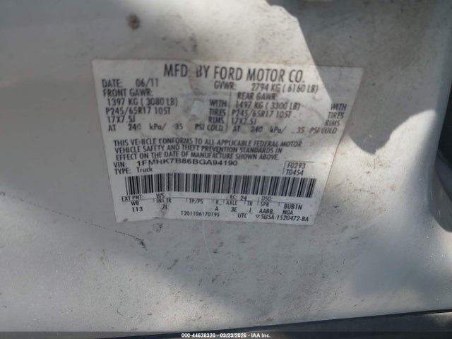 Продажа на аукционе авто 2011 Ford Explorer, vin: 1FMHK7B86BGA94190, номер лота: 44638320