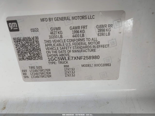 1GC5WLE7XNF258980 Chevrolet Silverado 2500hd 2wd Long Bed Wt