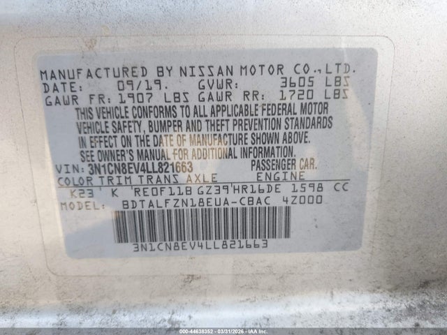 Продажа на аукционе авто 2020 Nissan Versa Sv Xtronic Cvt, vin: 3N1CN8EV4LL821663, номер лота: 44638352