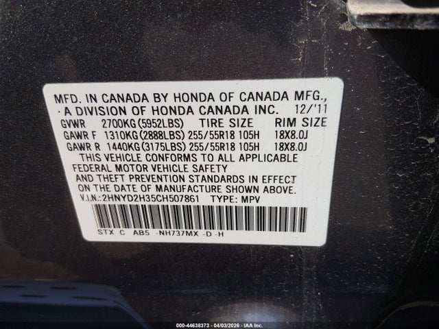 Aukcja sprzedaży 2012 Acura Mdx Technology Package, vin: 2HNYD2H35CH507861, numer aukcji: 44638373