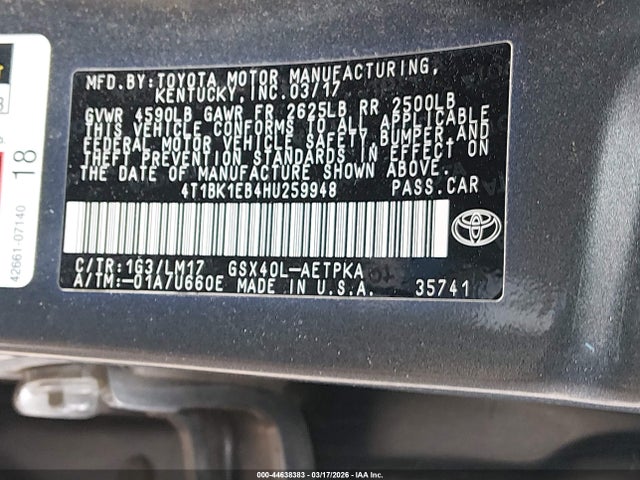 44638383 :رقم المزاد ، 4T1BK1EB4HU259948 vin ، 2017 Toyota Avalon Limited مزاد بيع