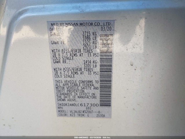 Продаж на аукціоні авто 2020 Nissan Pathfinder S 2wd, vin: 5N1DR2AN0LC617300, номер лоту: 44638402