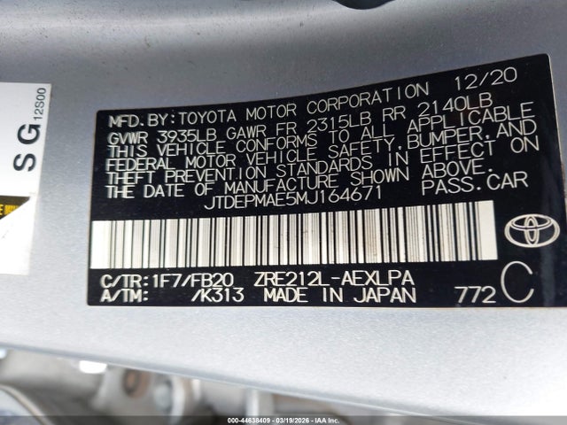 Продажа на аукционе авто 2021 Toyota Corolla Le, vin: JTDEPMAE5MJ164671, номер лота: 44638409