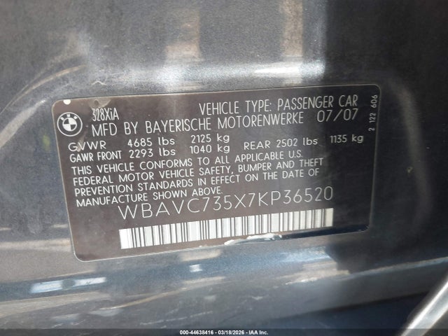 2007 Bmw 328xi მანქანა იყიდება აუქციონზე, vin: WBAVC735X7KP36520, აუქციონის ნომერი: 44638416